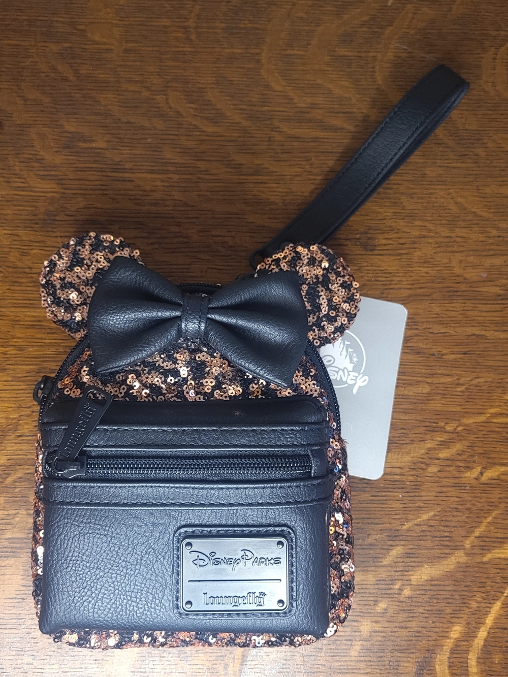 Loungefly Disney Black and Rose Gold Sequin Minnie Ear Wristlet Bag